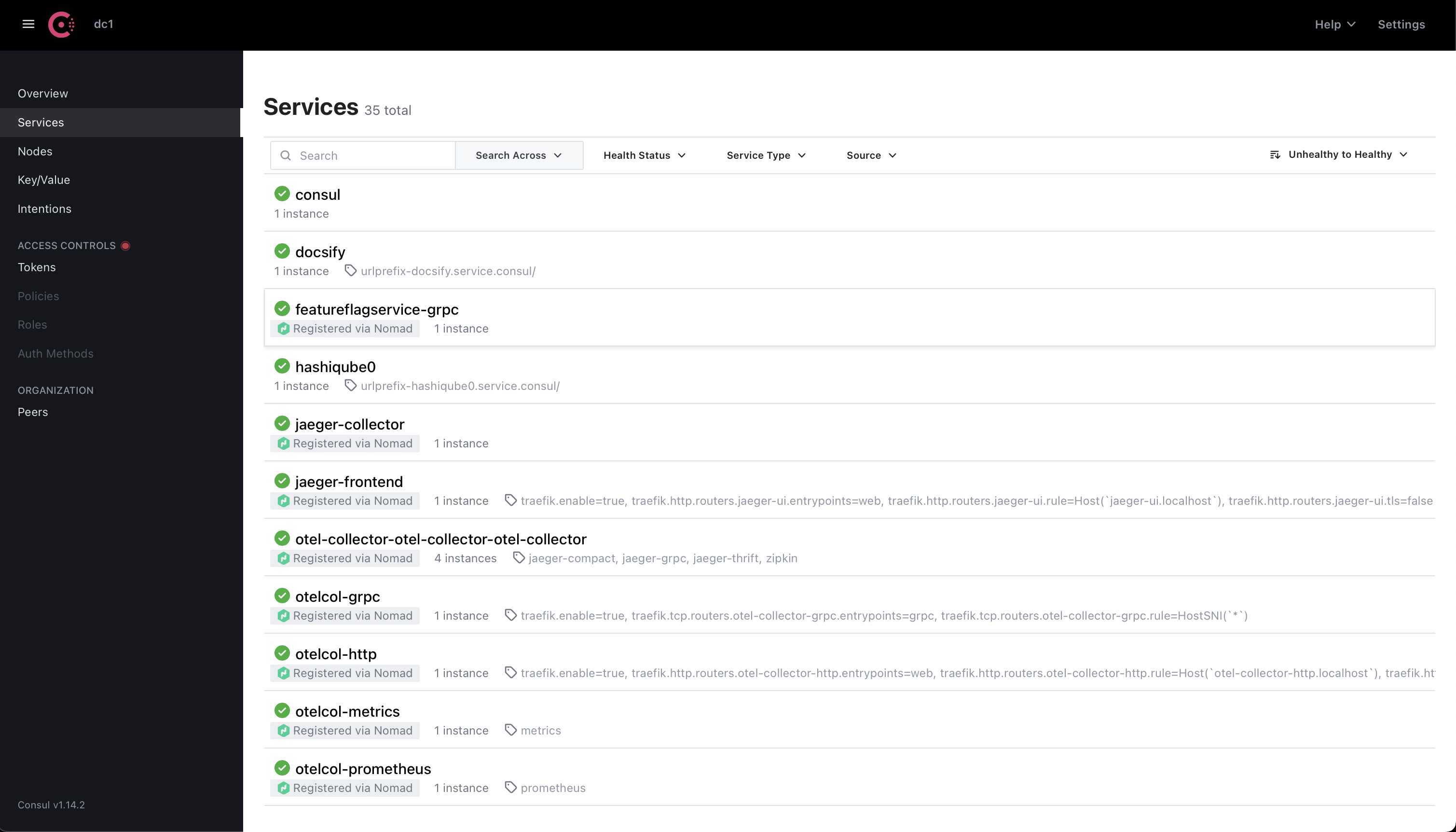 Screen capture of Consul service health. All services healthy. Screen capture of Consul service health. All services healthy.