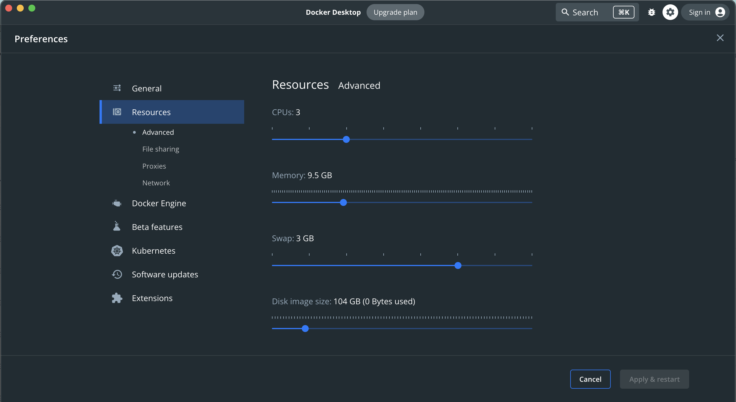Screen capture of Docker Desktop resources preferences Screen capture of Docker Desktop resources preferences