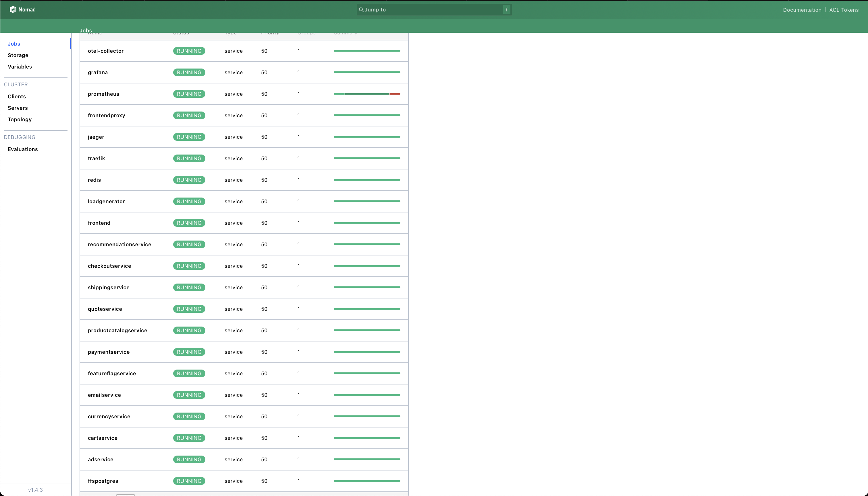 Screen capture of jobs view in Nomad, with all jobs started Screen capture of jobs view in Nomad, with all jobs started